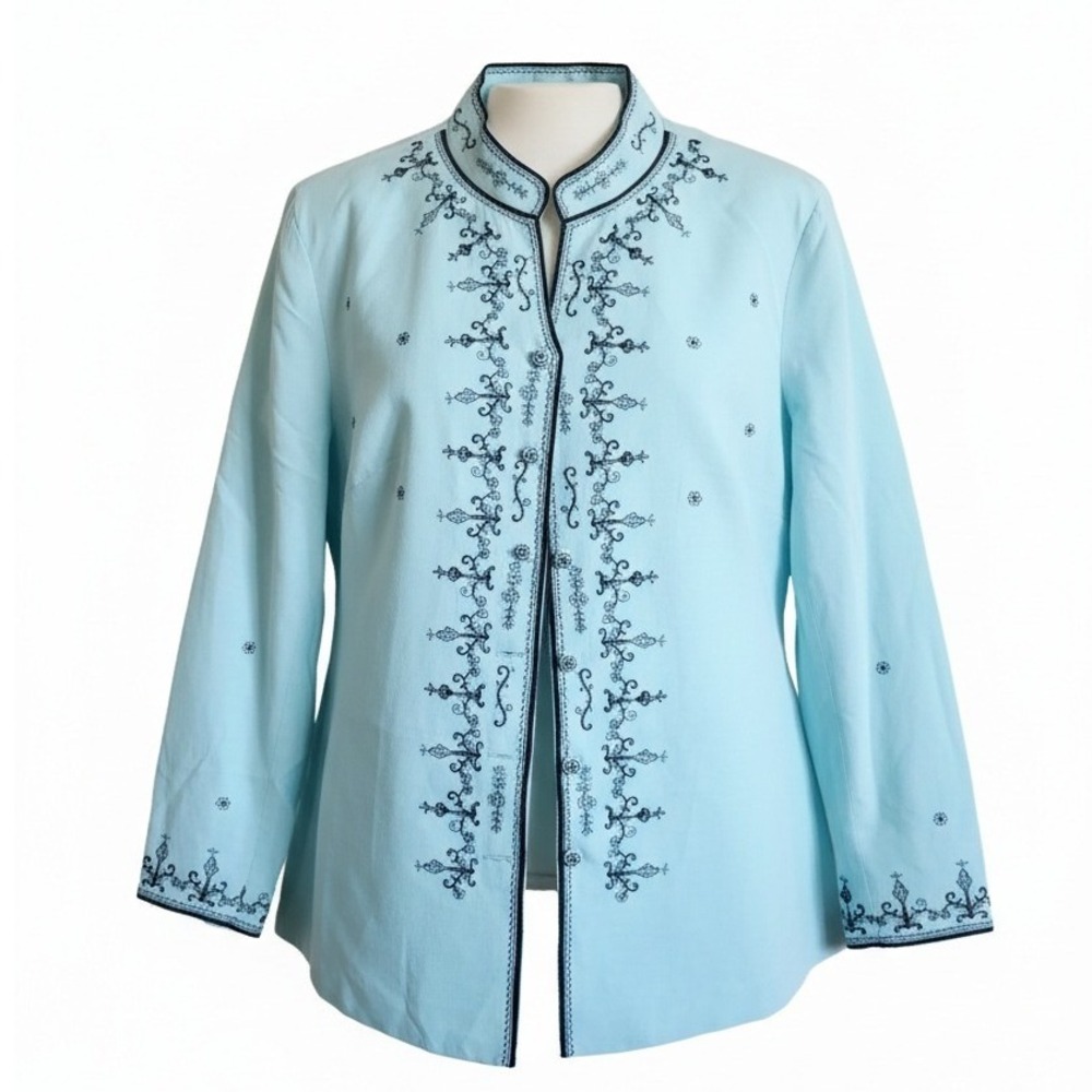 Carole Little 1X Y2K Blue Embroidered Mandarin Collar Jacket Linen‎ Silk NOS